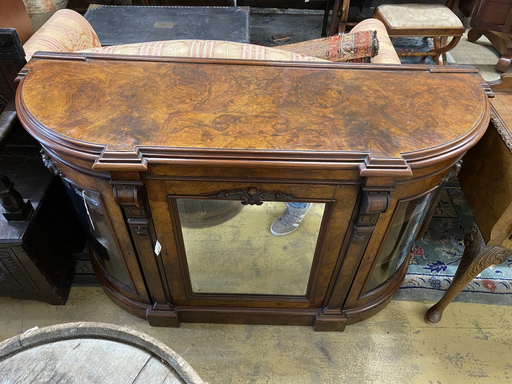 A Victorian walnut bow front credenza, width 150cm, depth 50cm, height 92cm